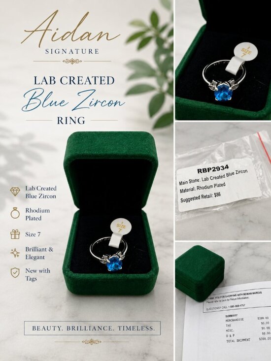 Bomb Party Jewelry - Blue Zircon Ring Size 7 Rhodium Plated Lab Created Gemstone Floral